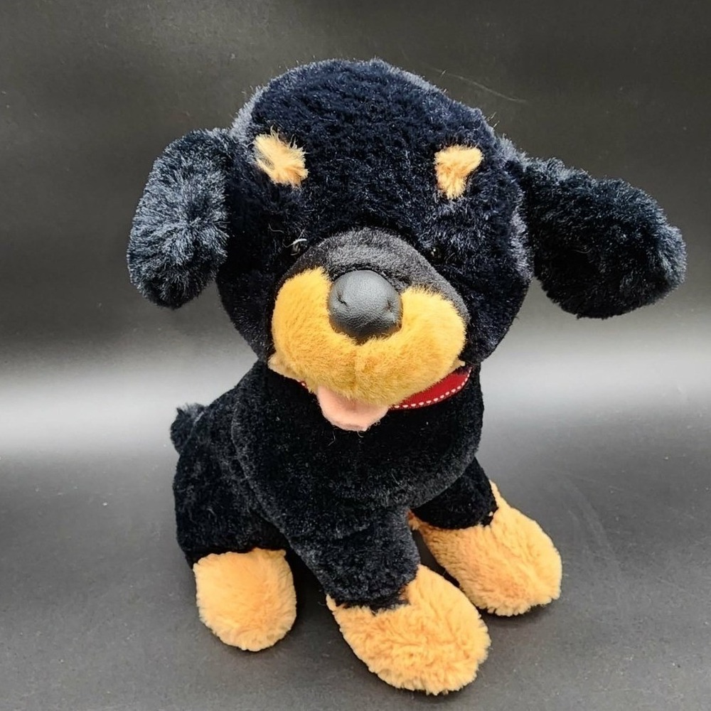 Hugfun Black Tan Rottweiler Dog Plush Stuffed Animal Red Collar Puppy Soft Toy